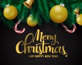 Christmas decors vector background template. Merry christmas greeting in black empty space.