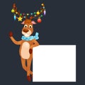 Christmas deer with banner isolated, happy winter xmas holiday animal greeting card, santa helper reindeer vector Royalty Free Stock Photo