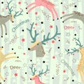 Christmas deer with blue-green horns gallops. Wild forest animals. Scandinavian style. Baby design. Seamless pattern.