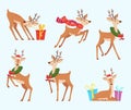 Christmas deer. Cute fairytale animal reindeer in cartoon style vector action poses