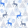 Christmas deer, decorative tree. Vector seamless ornament backdrop for fabric, textile, wrapping paper