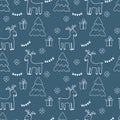 Christmas deer, gifts, snowflakes, Christmas trees, garlands of balls. Vector seamless pattern, Doodle illustration Royalty Free Stock Photo