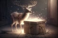 Christmas deer glowing with bright lights, Christmas wonder and magic, generative AI.