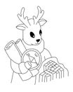 A Christmas deer in a jumper holds two old maps, a compass and a bag of gifts in its paws