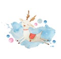 Christmas deer jumps and smiles happily on a blue blurry spot. Watercolor illustration isolated on white background.