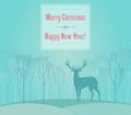 Christmas deer. Merry Christmas and Happy New Year card with deer in fog forest.