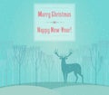 Christmas deer. Merry Christmas and Happy New Year card with deer in fog forest. Deer decorative silhouette.