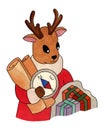 A Christmas deer in a red jumper holds two old maps, a compass and a bag of gifts in its paws