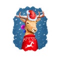 Christmas deer in Santa`s hat and red winter sweater. Rudolph reineer. Merry Christmas and Happy New Year greeting card design. Royalty Free Stock Photo