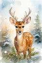 Christmas deer among snow fir-trees. Winter time. Watercolor style illustration