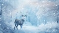 Christmas deer in the snowy forest. cute deer illustration, cool colors. wild nature. Royalty Free Stock Photo