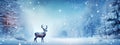 Christmas deer in the snowy forest. cute deer illustration, cool colors. wild nature. Royalty Free Stock Photo