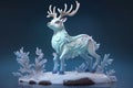 Christmas deer stand on the small snow island on blue background