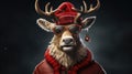 Christmas deer in sunglasses and cap, new year 2024. Generative AI Royalty Free Stock Photo