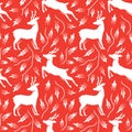 Christmas deer and winter leaf silhouette on red background seamless pattern