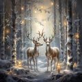 Christmas deers in birch tree forest