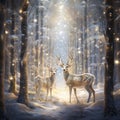 Christmas deers in birch tree forest