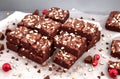 Christmas delicious chocolate and almond nut brownies on dark background