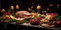 Christmas delicious festive table, many different delicious dishes. Generative AI