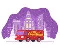 Christmas delivery car. New Year s cargo van. Winter City Skyline Skyscrapers Urban Landscape Falling Snow Winter time. Royalty Free Stock Photo