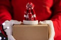 Christmas delivery,deliveryman holds a gift in his hands with a little santa hat