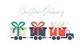 Christmas Delivery long truck with gift box. Free shipping vector illustration. Isolated delivery van with red bow. Gift box on Royalty Free Stock Photo