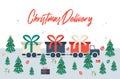 Christmas Delivery long truck with gift box. Free shipping vector illustration. Isolated delivery van with red bow. Gift box on Royalty Free Stock Photo