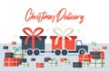 Christmas Delivery long truck with gift box. Free shipping vector illustration. Isolated delivery van with red bow. Gift box on Royalty Free Stock Photo