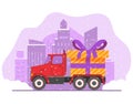 Christmas delivery truck gift box.Winter city skyline with skyscrapers. Royalty Free Stock Photo