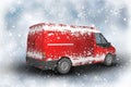Christmas delivery van on a sparkly background with snowflakes Royalty Free Stock Photo
