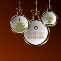 Christmas design of abstract balls with silhouettes of a tree and an angel with a gold border.