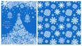 Christmas design with blue seamless wallpaper and craft greeting card with Christmas tree with paper snowflakes and jingle bells