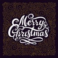 Christmas design with Calligraphic Merry Christmas Inscription and gold foil Christmas Elements on darck background.