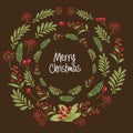 Christmas design composition of poinsettia, mistletoe, fir branches, cones, holly and other plants. Cover, invitation, banner, gr Royalty Free Stock Photo