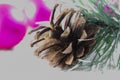 Christmas design on a light background, a pine cone and a branch of a Christmas tree, New Year's balls, macro photography. Royalty Free Stock Photo