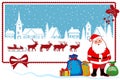 Christmas design. Santa Claus with bags of gifts, sleigh, deer and winter town on white background. Vector illustration. Royalty Free Stock Photo
