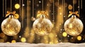 Christmas designs with a background featuring transparent glass balls adorned with snow, suspended from golden ribbons.