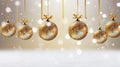 Christmas designs with a background featuring transparent glass balls adorned with snow, suspended from golden ribbons.