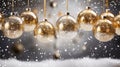 Christmas designs with a background featuring transparent glass balls adorned with snow, suspended from golden ribbons.