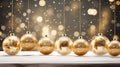 Christmas designs with a background featuring transparent glass balls adorned with snow, suspended from golden ribbons.