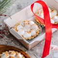 Christmas dessert, Lemon tartlets, mini tart cakes copy space