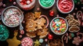 Christmas dessert spread, featuring gingerbread cookies, candy canes, and a variety of colorful treats Royalty Free Stock Photo