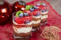 Christmas dessert. Sweet dessert tiramisu with strawberry, fresh