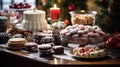 Christmas dessert table adorned with various cakes, cookies, and candies, creating a festive and indulgent atmosphere