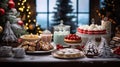 Christmas dessert table adorned with various cakes, cookies, and sweets, creating a festive and cozy atmosphere