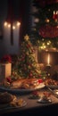 Christmas dining table with Christmas tree decorations ( wallpaper ) Royalty Free Stock Photo