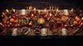 Christmas dining table, foods, candles lightning
