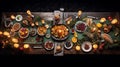 Christmas dining table, foods, candles lightning