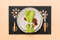 Christmas dinner background with rustic decorations and kitchen utensil . View from above Royalty Free Stock Photo