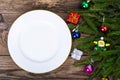 Christmas dinner on background with rustic table decorations. View from above Royalty Free Stock Photo